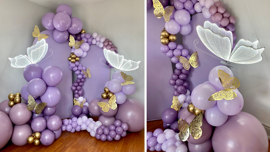 Purple balloon garland with backdrop & butterflies! Order balloon decor in Belleville, Ontario!