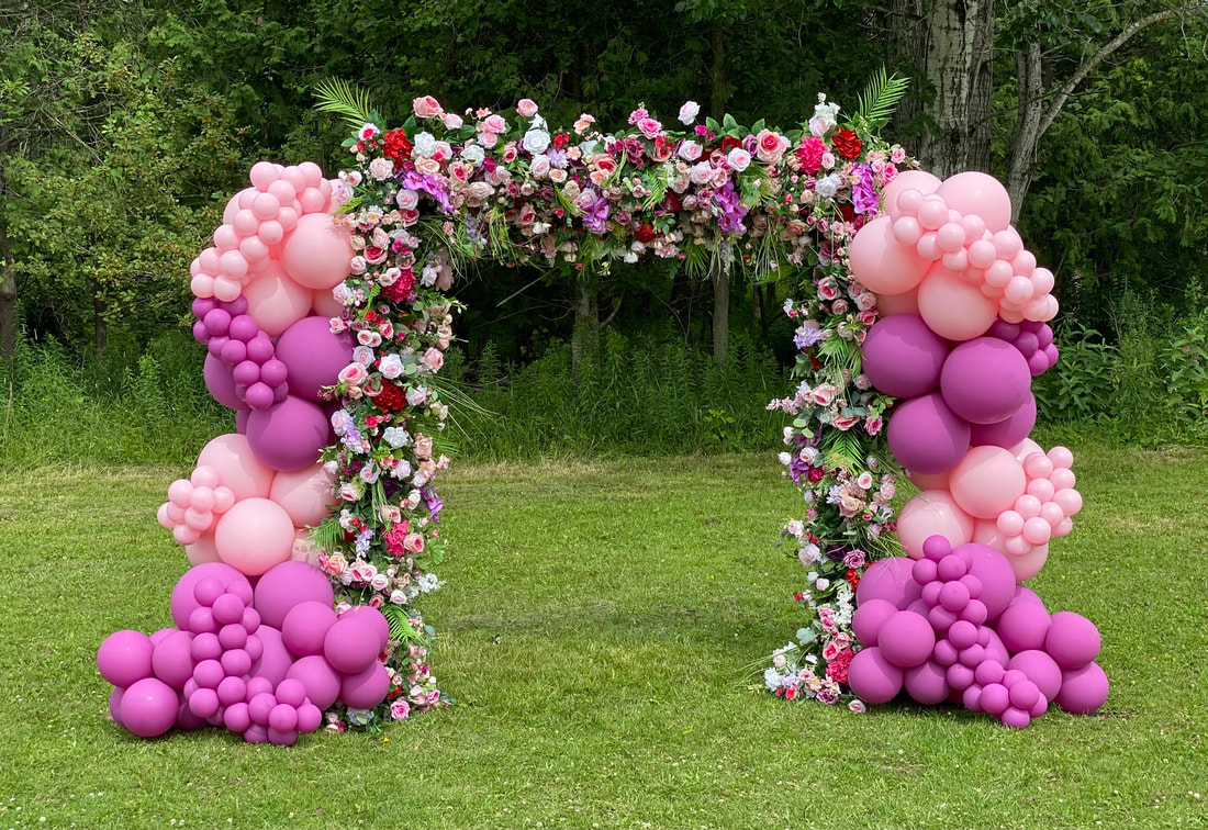 Square flower arch with balloons for rent in Belleville, Trenton, Stirling, Tweed, Kingston & surrounding areas!