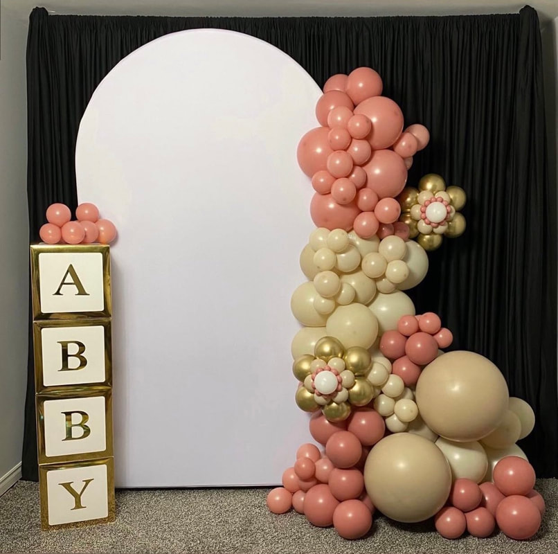 Baby shower balloon garland for hire in Belleville, Ontario.